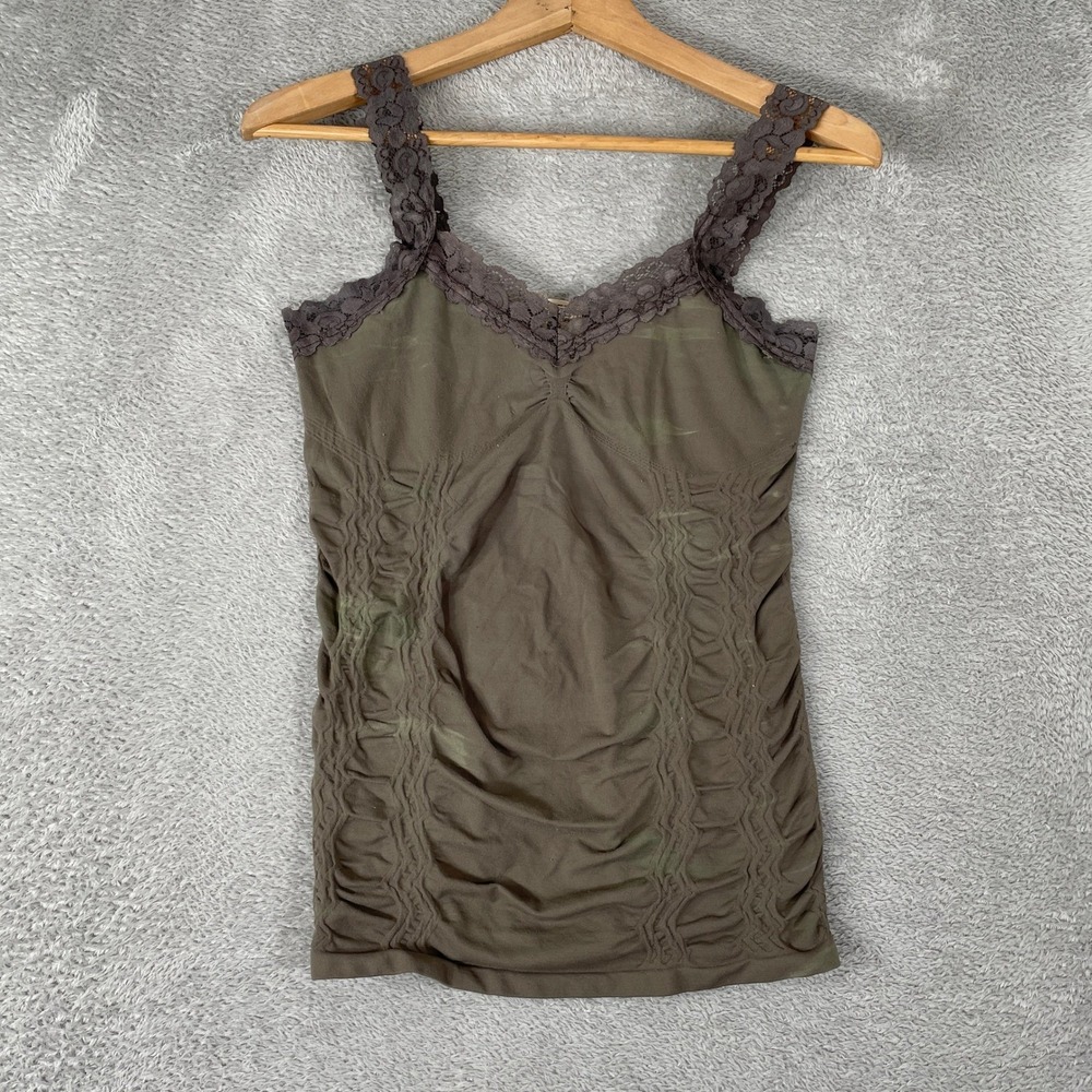 M. Rena Cami Womens One Size Brown Lace Trim Ruched Ribbed Y2K Tank Top